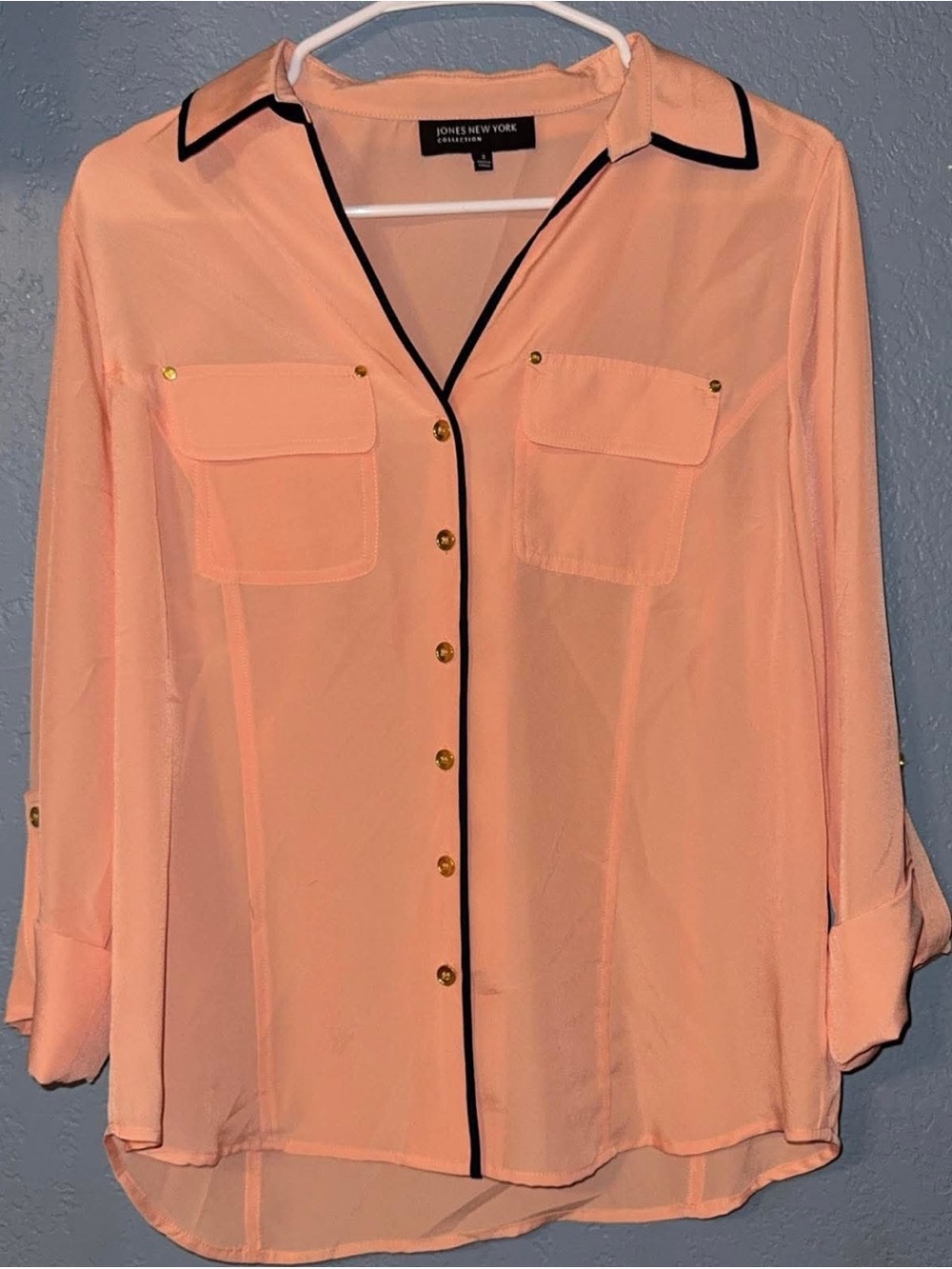 Jones New York Peach Sheer Button-Down Blouse with Black Piping